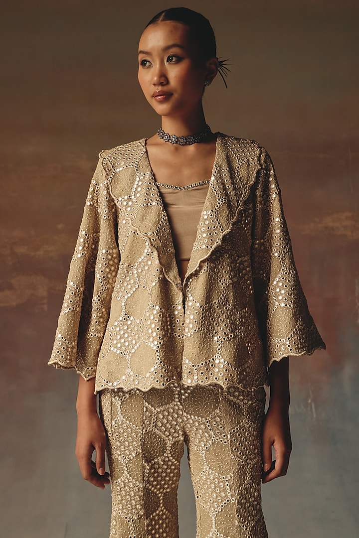 Gold Georgette Chikankari Embroidered A-Line Blazer by Twenty Nine at Pernia's Pop Up Shop