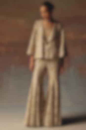 Gold Georgette Chikankari Embroidered Bootcut Pants by Twenty Nine at Pernia's Pop Up Shop