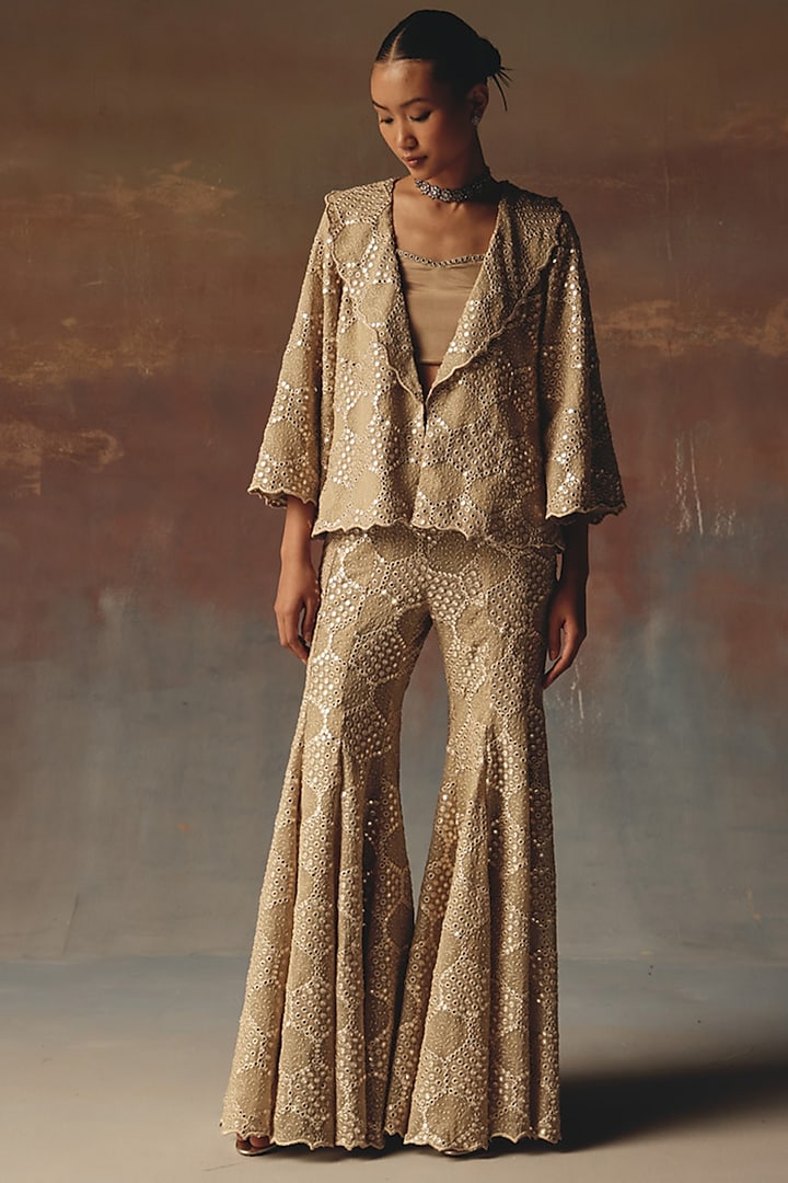 Gold Georgette Chikankari Embroidered Bootcut Pants by Twenty Nine at Pernia's Pop Up Shop