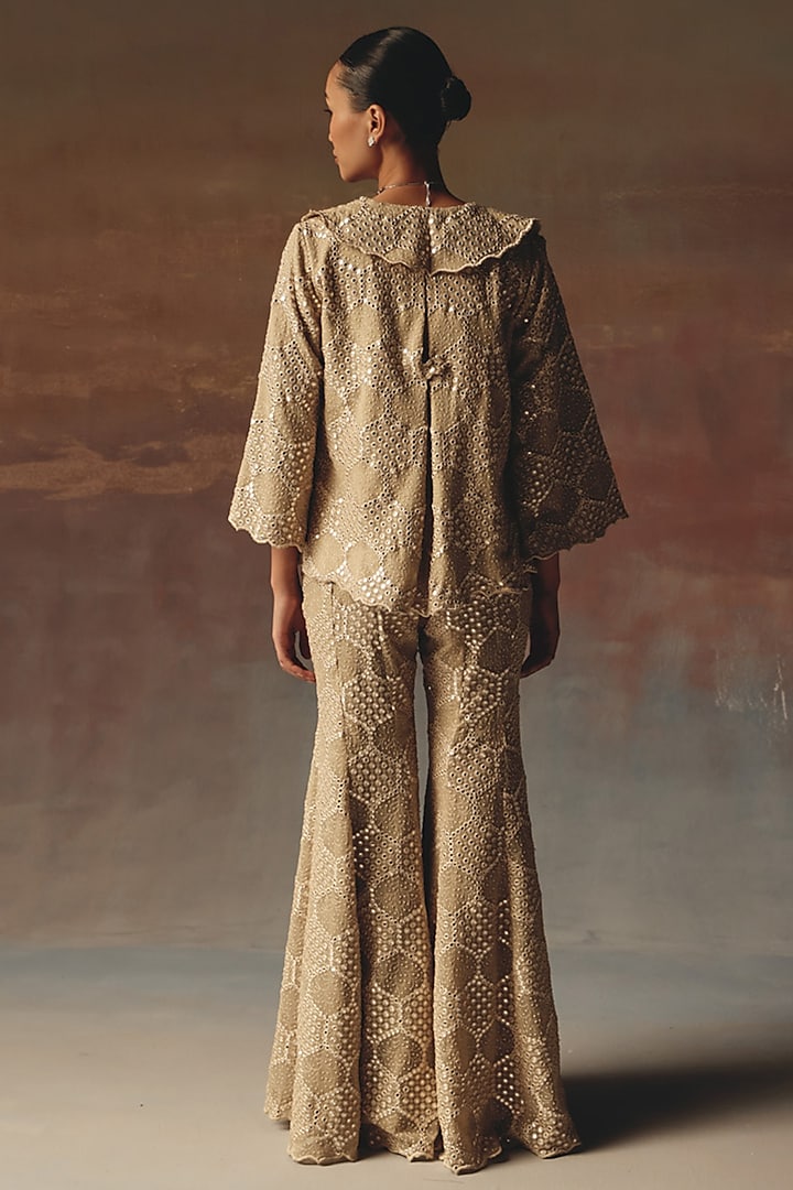 Gold Georgette Chikankari Embroidered Bootcut Pants by Twenty Nine at Pernia's Pop Up Shop