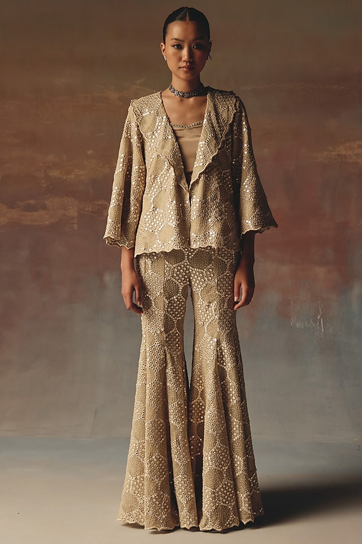 Gold Georgette Chikankari Embroidered Bootcut Pants by Twenty Nine at Pernia's Pop Up Shop