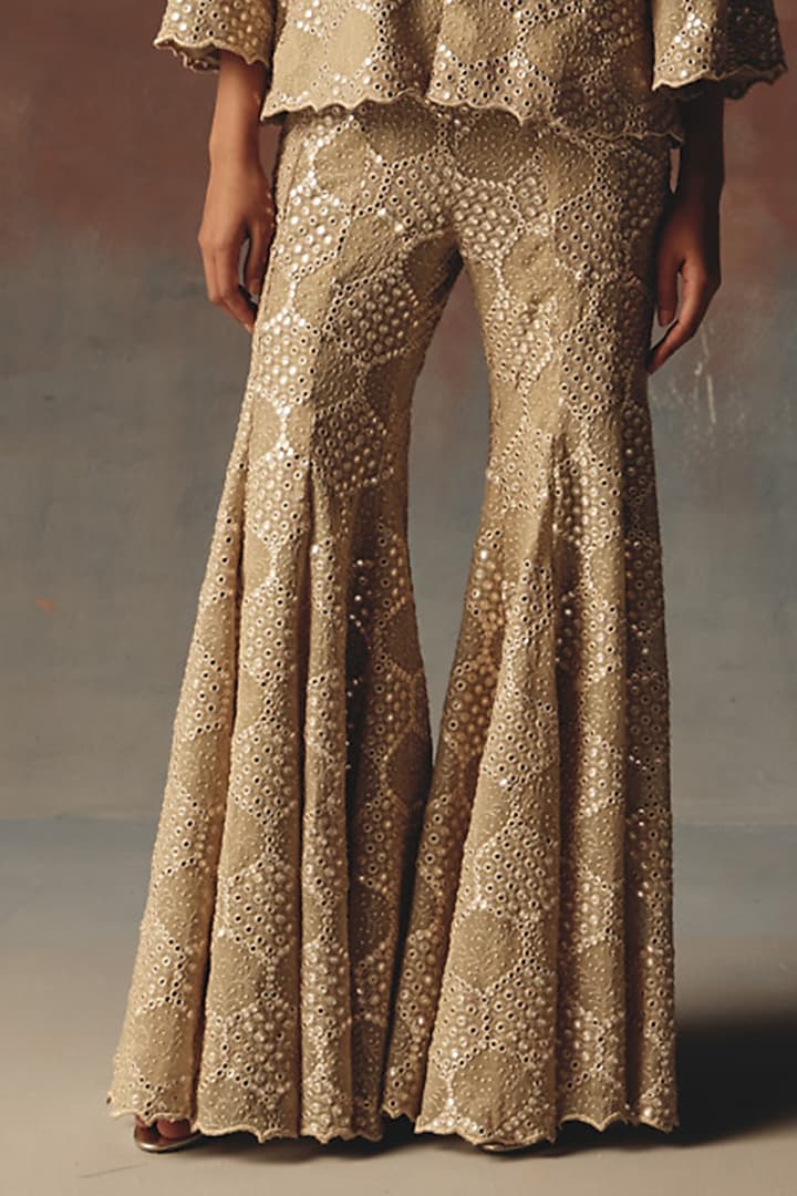 Gold Georgette Chikankari Embroidered Bootcut Pants by Twenty Nine at Pernia's Pop Up Shop