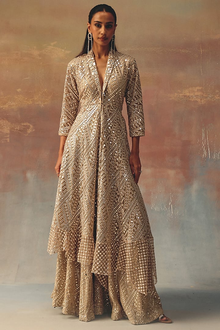 Light Gold Georgette Embroidered Peplum Blazer by Twenty Nine at Pernia's Pop Up Shop