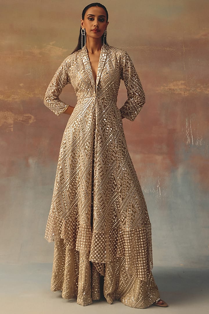 Light Gold Georgette Embroidered Peplum Blazer by Twenty Nine at Pernia's Pop Up Shop