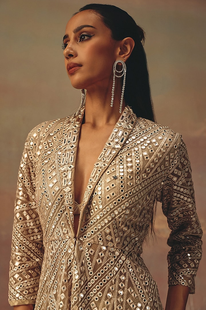 Light Gold Georgette Embroidered Peplum Blazer by Twenty Nine at Pernia's Pop Up Shop