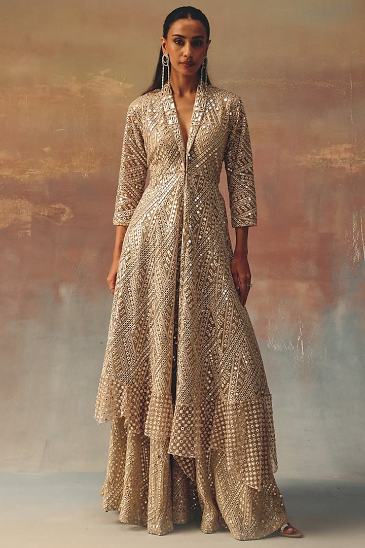 Golden Georgette Mirror Work Sharara by Twenty Nine at Pernia's Pop Up Shop