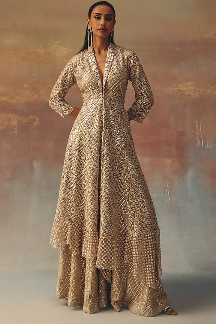Golden Georgette Mirror Work Sharara by Twenty Nine at Pernia's Pop Up Shop