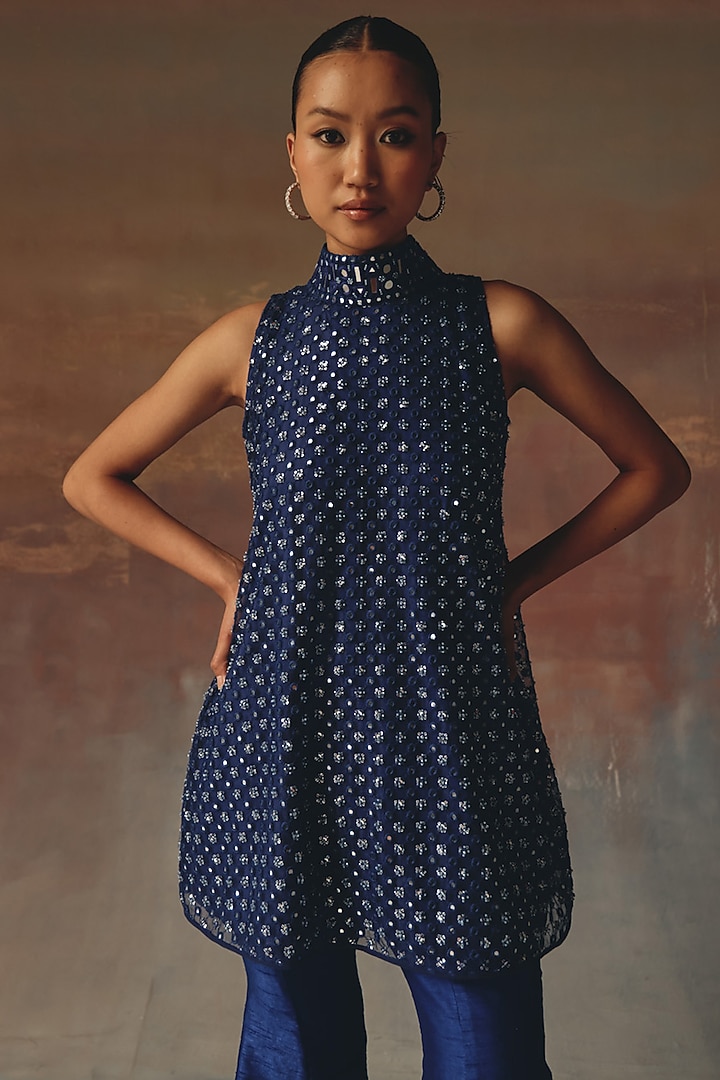 Blue Soft Net Mirror Work A-Line Top by Twenty Nine at Pernia's Pop Up Shop