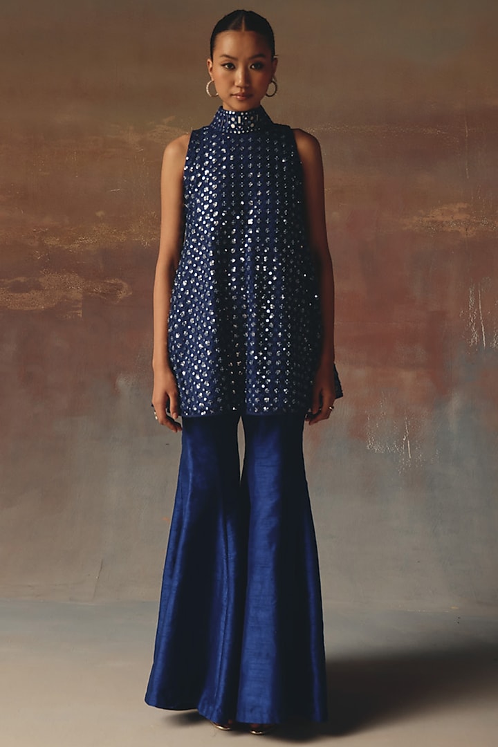 Blue Soft Net Mirror Work A-Line Top by Twenty Nine at Pernia's Pop Up Shop