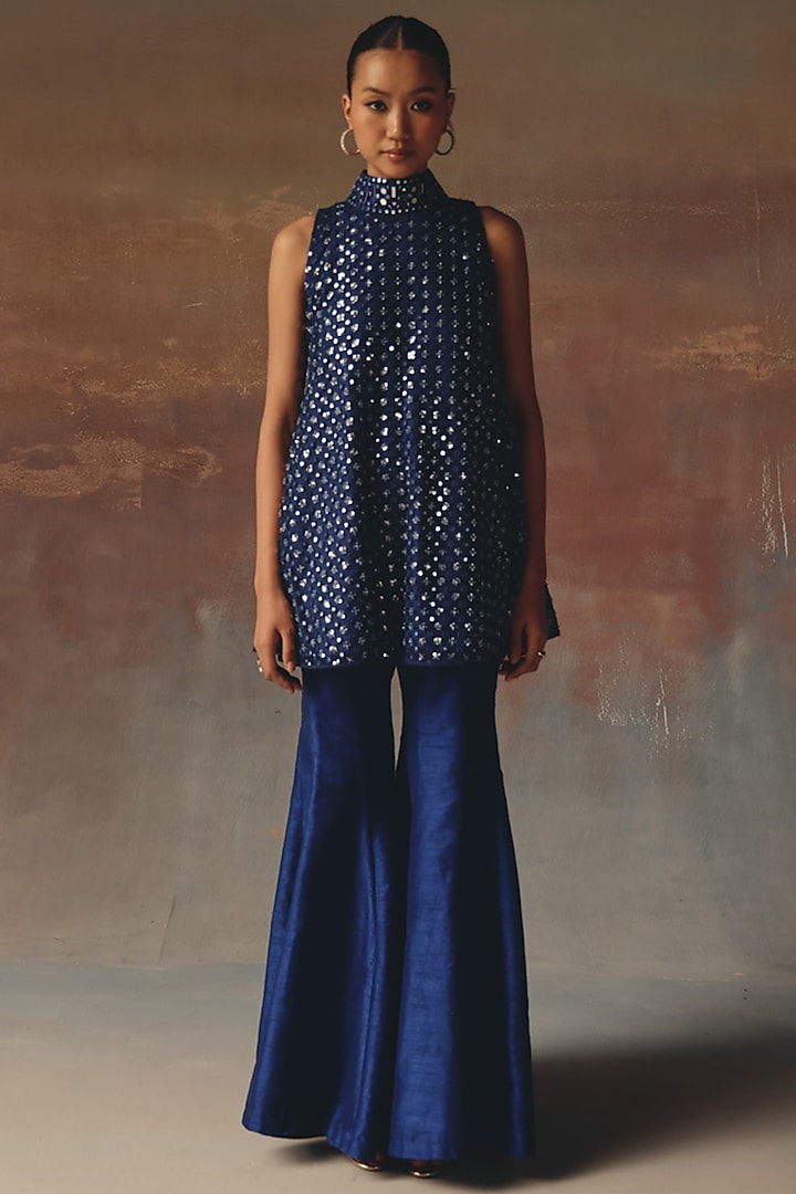 Blue Dupion Bell-Bottom Pants by Twenty Nine at Pernia's Pop Up Shop