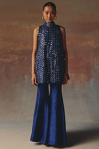 Blue Dupion Bell-Bottom Pants by Twenty Nine
