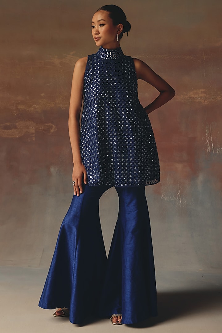 Blue Dupion Bell-Bottom Pants by Twenty Nine at Pernia's Pop Up Shop
