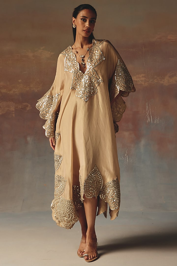 Peach Tissue Mirror Work Kaftan by Twenty Nine at Pernia's Pop Up Shop
