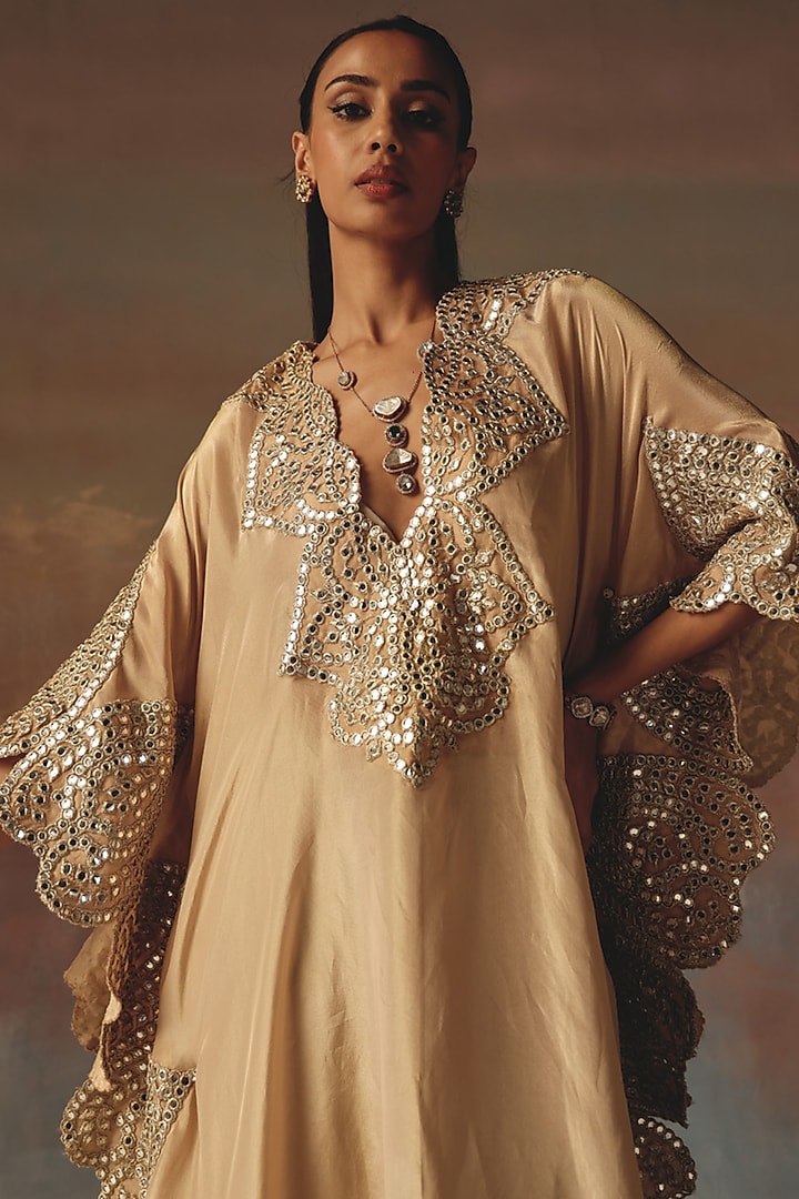Peach Tissue Mirror Work Kaftan by Twenty Nine at Pernia's Pop Up Shop