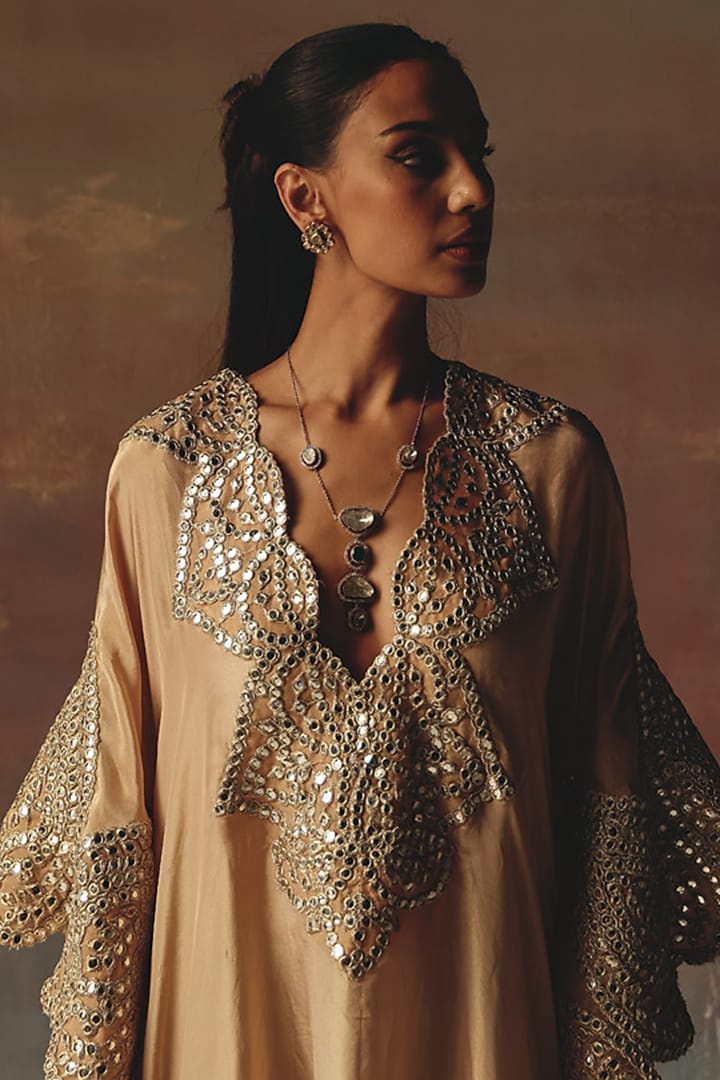 Peach Tissue Mirror Work Kaftan by Twenty Nine at Pernia's Pop Up Shop