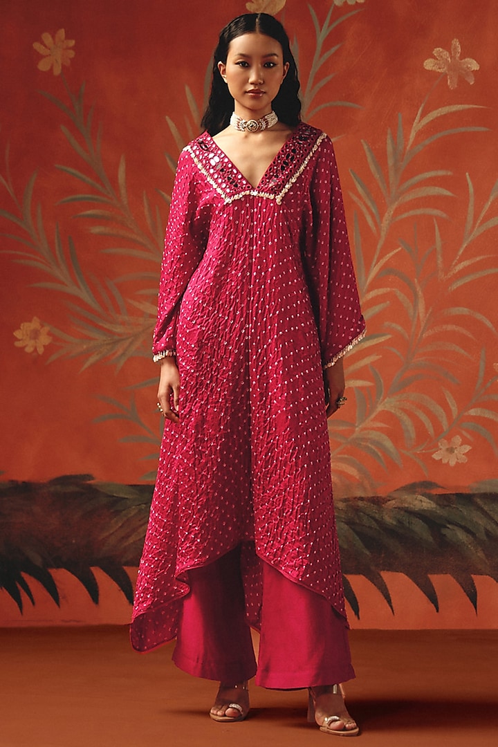 Wild Berry Gajji Silk Bandhani Mirror Work Kurta by Twenty Nine at Pernia's Pop Up Shop