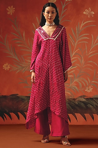Wild Berry Gajji Silk Bandhani Mirror Work Kurta by Twenty Nine