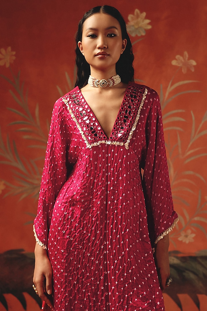 Wild Berry Gajji Silk Bandhani Mirror Work Kurta by Twenty Nine at Pernia's Pop Up Shop