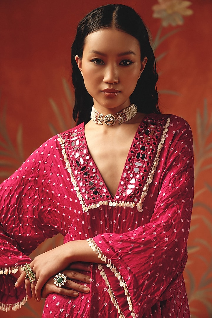 Wild Berry Gajji Silk Bandhani Mirror Work Kurta by Twenty Nine at Pernia's Pop Up Shop