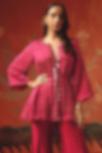 Wild Berry Gajji Silk Bandhani Mirror Work Peplum Top by Twenty Nine at Pernia's Pop Up Shop