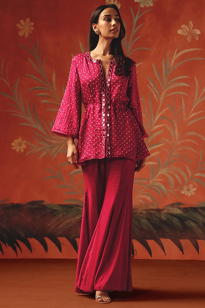 Wild Berry Gajji Silk Bandhani Mirror Work Peplum Top by Twenty Nine at Pernia's Pop Up Shop
