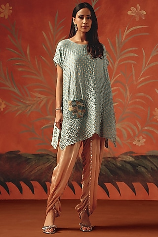 Sea Foam Gajji Silk Bandhani Embroidered Top by Twenty Nine
