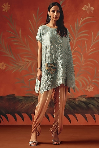 Taupe Satin Mirror Work Dhoti by Twenty Nine