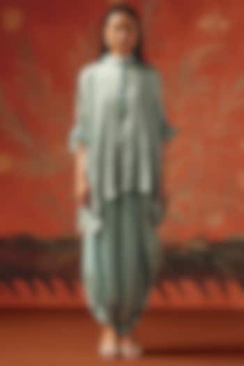 Sea Foam Gajji Silk Bandhani Mirror Work Tunic Top by Twenty Nine at Pernia's Pop Up Shop