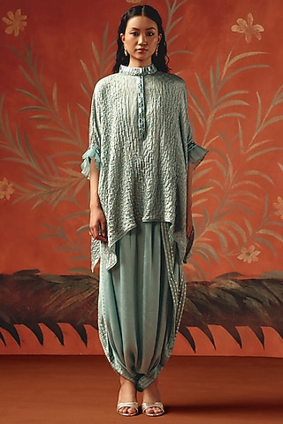 Sea Foam Gajji Silk Bandhani Mirror Work Tunic Top by Twenty Nine