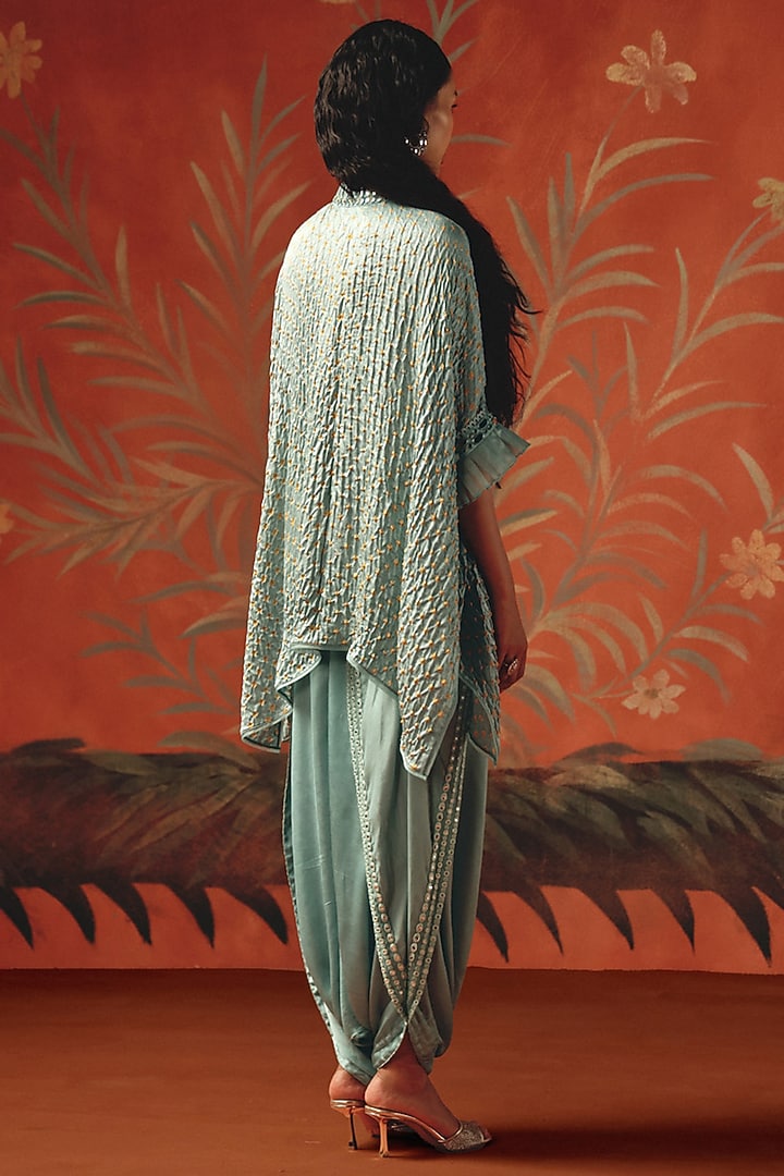 Sea Foam Gajji Silk Bandhani Mirror Work Tunic Top by Twenty Nine at Pernia's Pop Up Shop