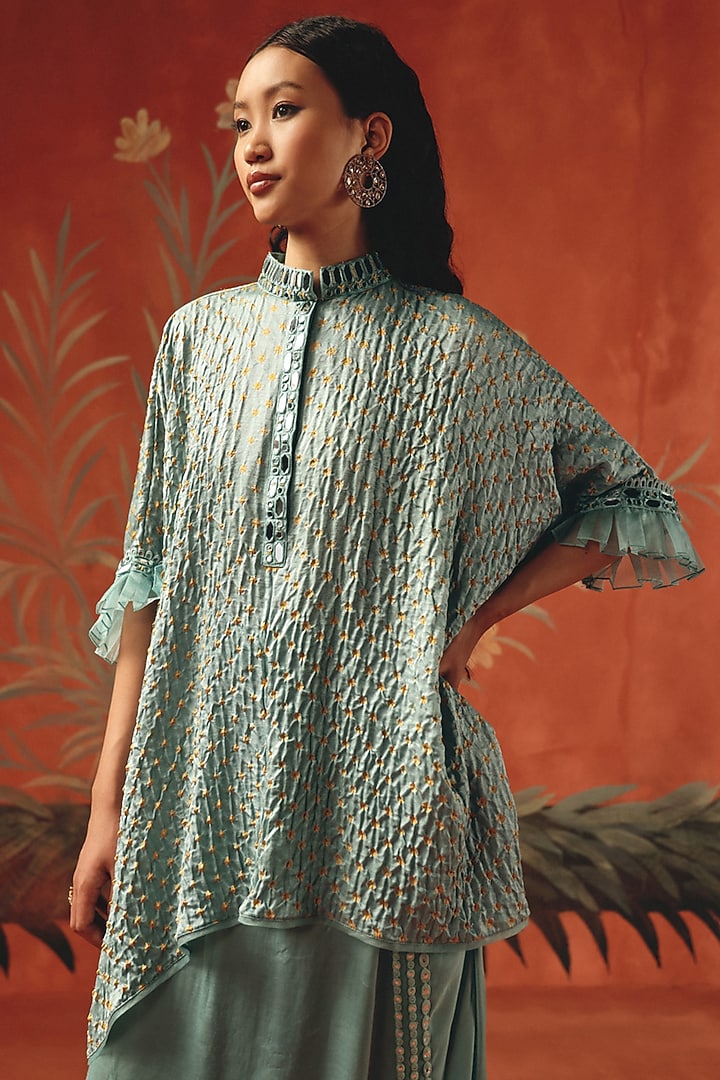 Sea Foam Gajji Silk Bandhani Mirror Work Tunic Top by Twenty Nine at Pernia's Pop Up Shop