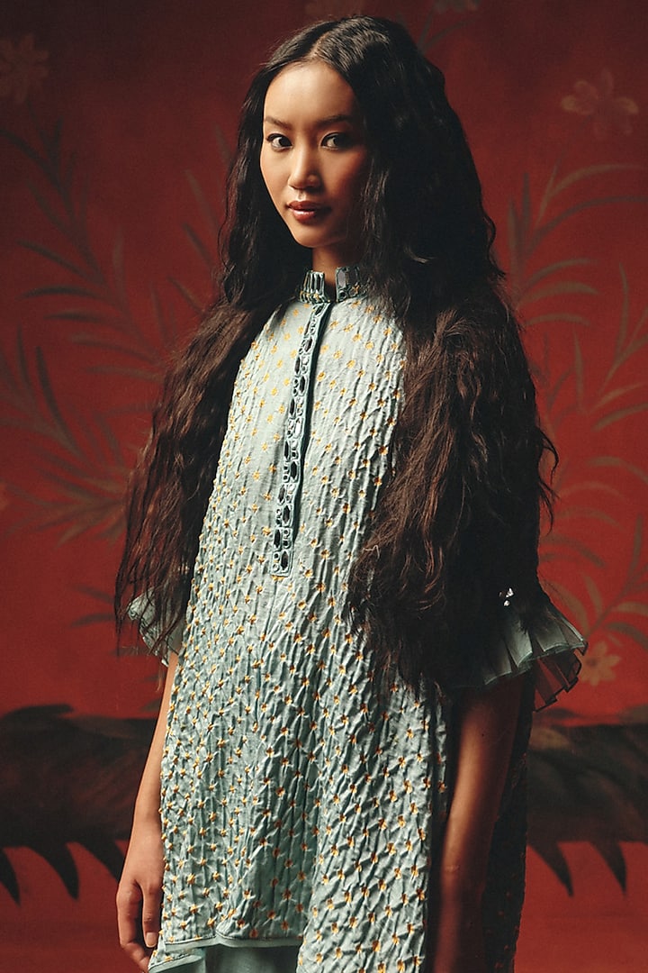 Sea Foam Gajji Silk Bandhani Mirror Work Tunic Top by Twenty Nine at Pernia's Pop Up Shop