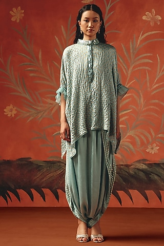 Sea Foam Modal Satin Mirror Work Dhoti by Twenty Nine