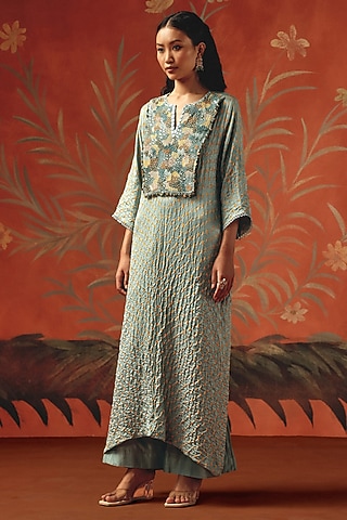 Sea Foam Gajji Silk Bandhani Embroidered Kaftan Kurta by Twenty Nine