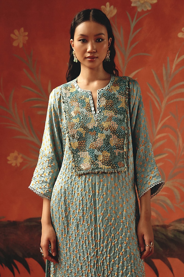 Sea Foam Gajji Silk Bandhani Embroidered Kaftan Kurta by Twenty Nine at Pernia's Pop Up Shop