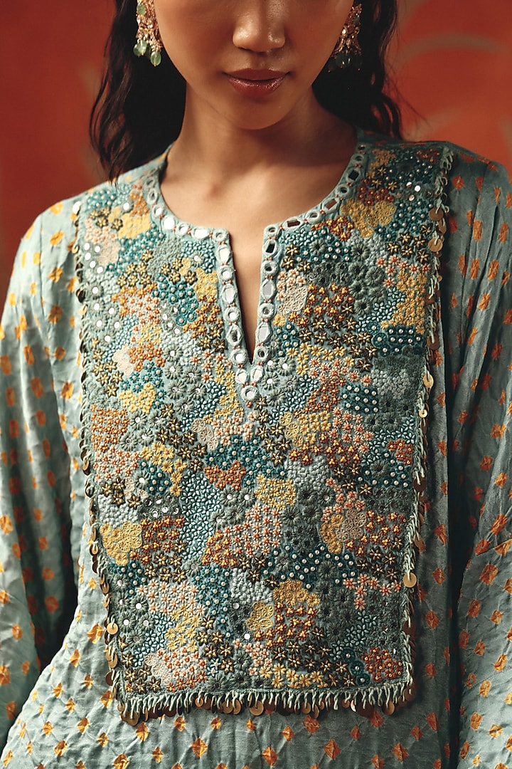 Sea Foam Gajji Silk Bandhani Embroidered Kaftan Kurta by Twenty Nine at Pernia's Pop Up Shop