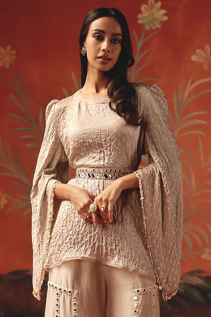 Moon Dust Gajji Silk Bandhani Peplum Flared Top by Twenty Nine at Pernia's Pop Up Shop