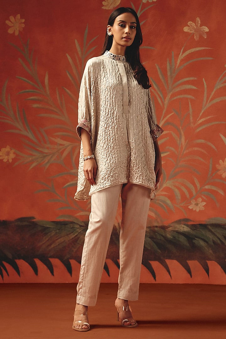 Moon Dust Gajji Silk Bandhani Mirror Work Oversized Shirt by Twenty Nine at Pernia's Pop Up Shop