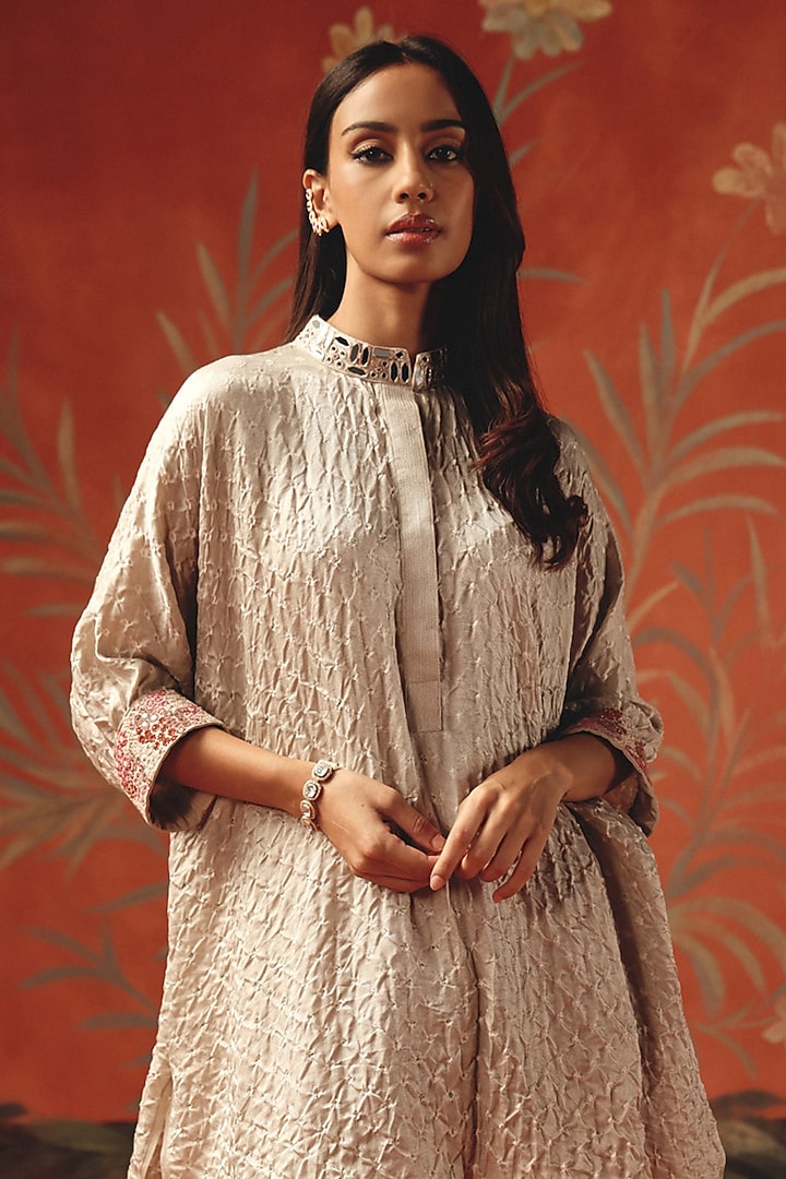 Moon Dust Gajji Silk Bandhani Mirror Work Oversized Shirt by Twenty Nine at Pernia's Pop Up Shop