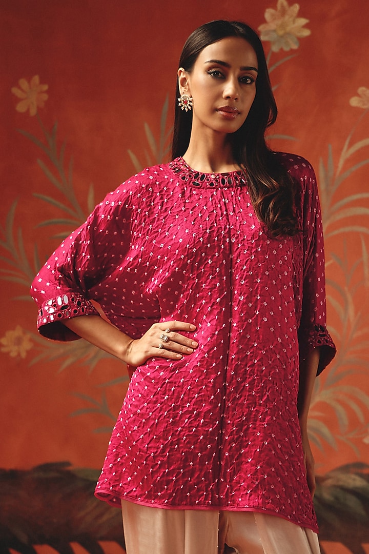 Ivory Gajji Silk Bandhani Mirrorwork Tunic Top by Twenty Nine at Pernia's Pop Up Shop