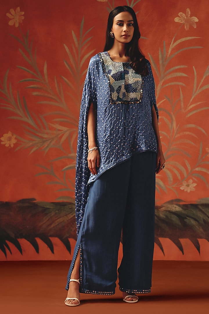 Twilight Gajji Silk Bandhani Mirror Work Round Cape by Twenty Nine at Pernia's Pop Up Shop