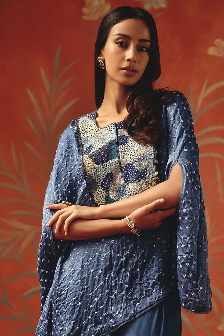 Twilight Gajji Silk Bandhani Mirror Work Round Cape by Twenty Nine at Pernia's Pop Up Shop