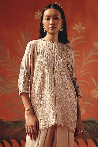 Moon Dust Gajji Silk Bandhani Mirror Work Tunic Top by Twenty Nine