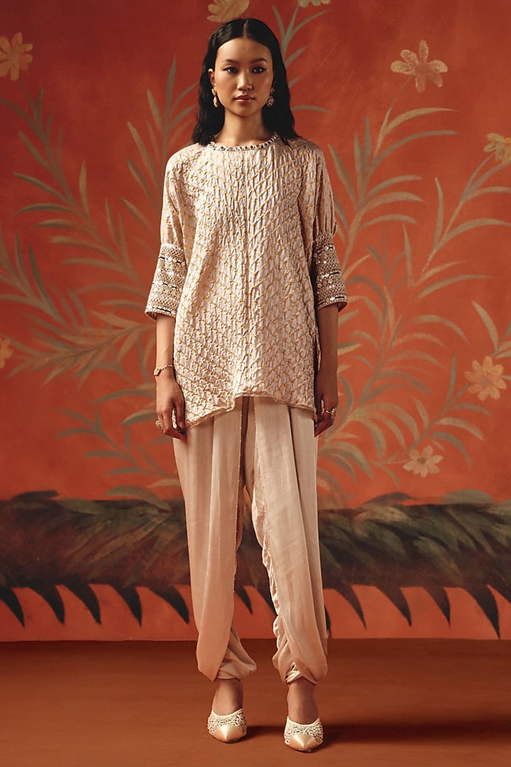 Moon Dust Gajji Silk Bandhani Mirror Work Tunic Top by Twenty Nine at Pernia's Pop Up Shop