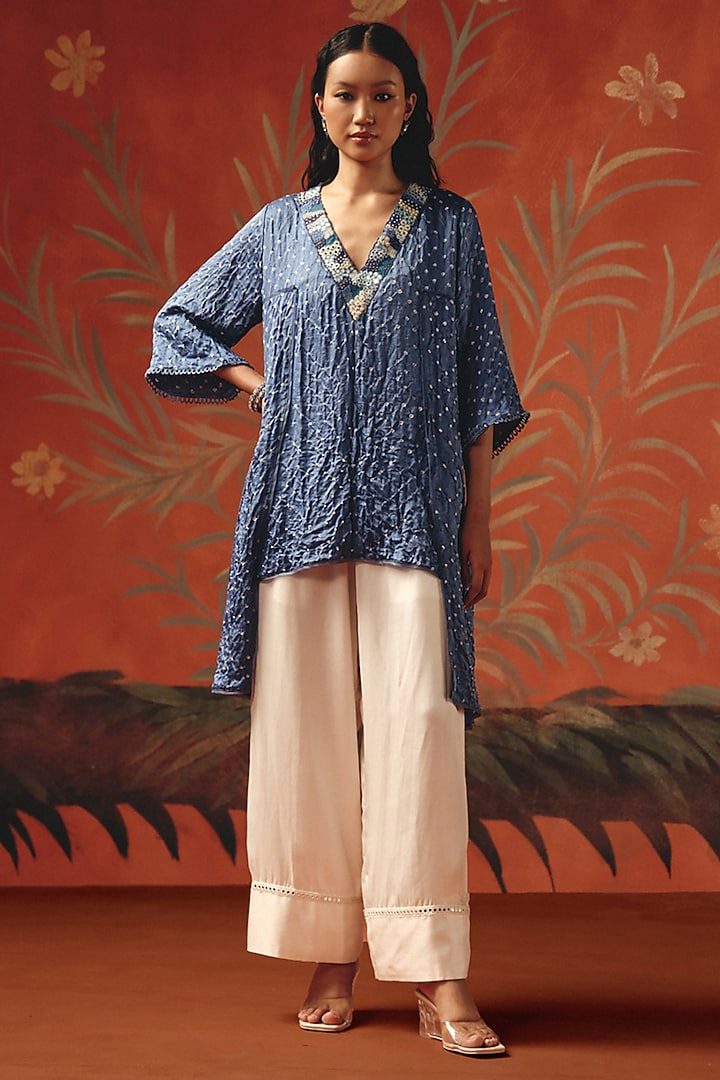 Twilight Gajji Silk Bandhani Resham Embroidered Tunic Kurta by Twenty Nine at Pernia's Pop Up Shop