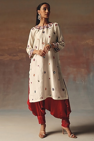 Ivory Moonga Silk Mirror Work Kurta by Twenty Nine