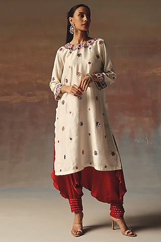 Red Modal Silk Mirror Work Dhoti by Twenty Nine