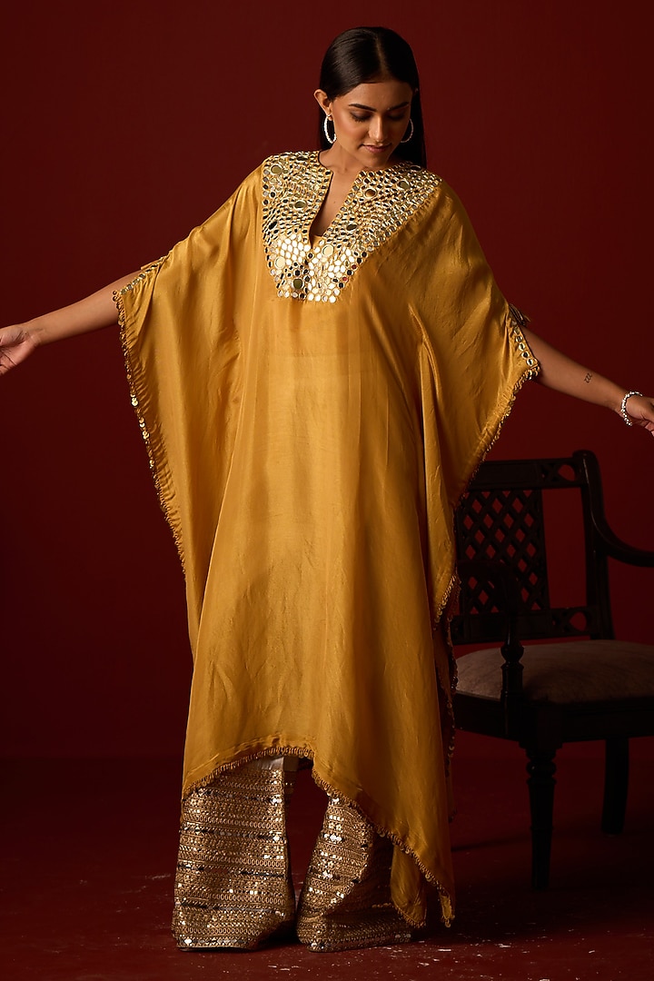 Golden Yellow Tissue Zari Embellished Kaftan by Twenty Nine at Pernia's Pop Up Shop
