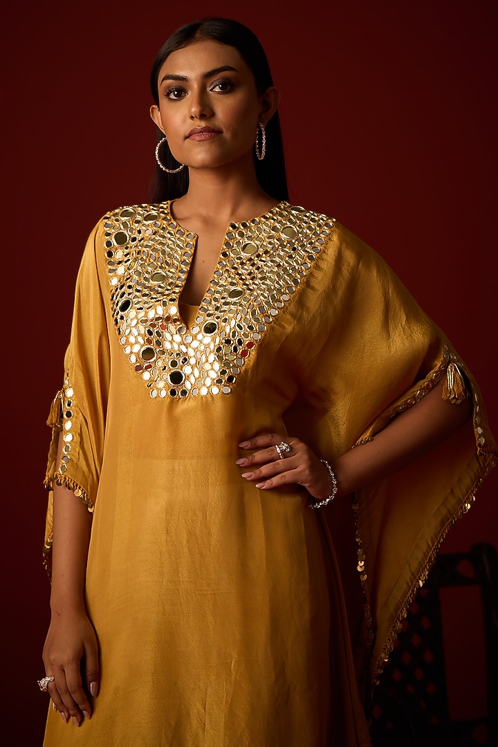 Golden Yellow Tissue Zari Embellished Kaftan by Twenty Nine at Pernia's Pop Up Shop