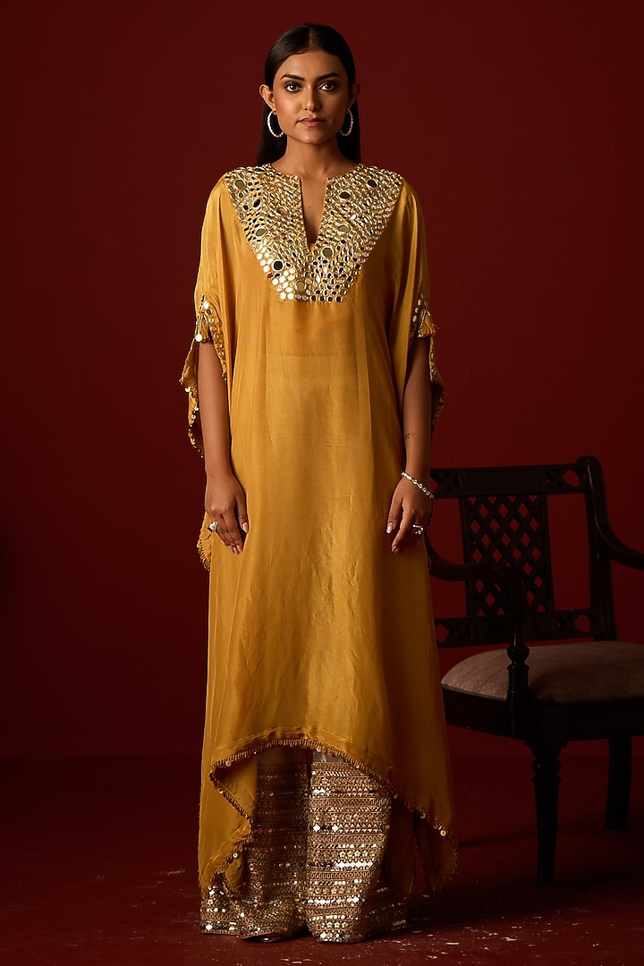 Golden Yellow Tissue Zari Embellished Kaftan by Twenty Nine at Pernia's Pop Up Shop